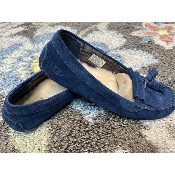 UGG Slippers Womens Size 8 Lizzy Moccasin Navy Blue Suede Slip On Driving Shoes - Picture 2 of 10